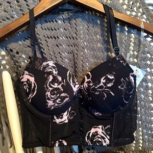 NWT Fredericks of Hollywood Black & Pink Sheer  Mesh Bralette Bra Top Sm…